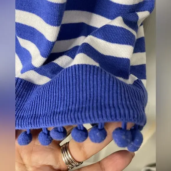 Talbots Blue White Stripe Coastal Lightweight Open Front Cardigan Pom Pom 3XP - Picture 5 of 8